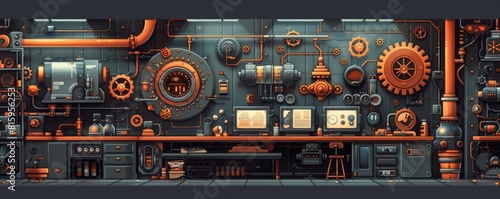 A steampunk-inspired workshop filled with gears, pipes, and fantastical contraptions, where inventors bring their wildest dreams to life. illustration.