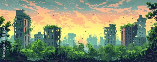 A post-apocalyptic cityscape reclaimed by nature, with crumbling buildings and overgrown streets now inhabited by wildlife and plant life. illustration.