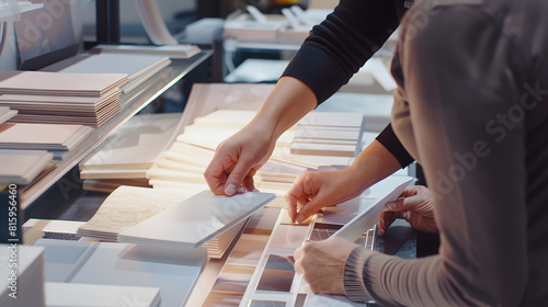 interior designer and customer choosing furniture and flooring materials from samples at design shop : Generative AI