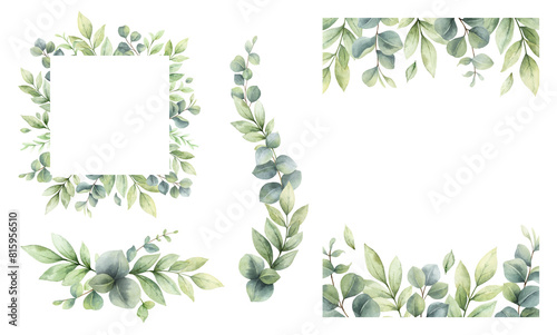 Eucalyptus leaves and greenery borders set. Watercolor green leaves and branches. C for invitations, greeting cards, save the date, albums. Hand drawn illustration.