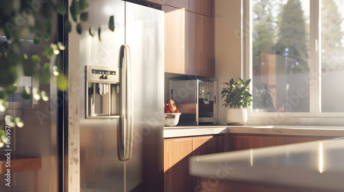 Interior of modern kitchen with stainless steel refrigerator and wooden cabinets with counter by window : Generative AI