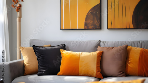 Yellow orange black and brown pillows on comfortable grey scandinavian sofa in bright living room interior with abstract paintings on the wall : Generative AI