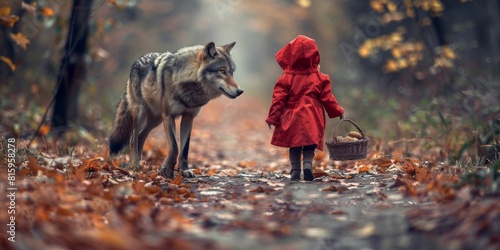 child little red riding hood walking in the forest with the big bad wolf behind her. She looks scared but continues to walk. She is holding a basket of bread and milk and jam