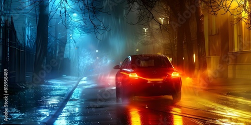 Crime scene car speeding down wet hazy alley at midnight. Concept Crime Scene, Car Chase, Spedding Down Alley, Midnight, Mystery