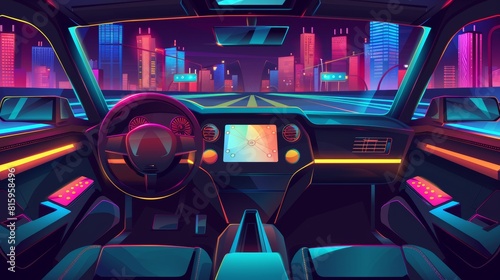 Cartoon illustration of a car driving through the night to a city. Interior view of a cockpit with the dashboard modern, neon light in a futuristic downtown architecture setting. Empty unmanned