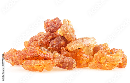 Pile of frankincense resin isolated on a white background. Natural frankincense Olibanum. Incense.