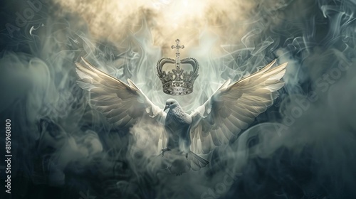 divine christian symbols majestic crown holy cross and peaceful dove dramatic smoke background digital illustration
