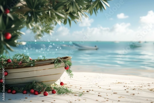 Festive boat adorned with holiday decorations on a tranquil tropical beach, blending christmas and summer vibes
