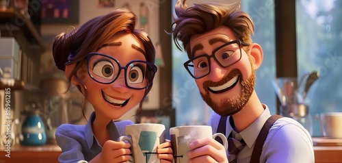 A heartwarming animated scene of a couple smiling and holding coffee mugs, creating a feel of domestic bliss and love