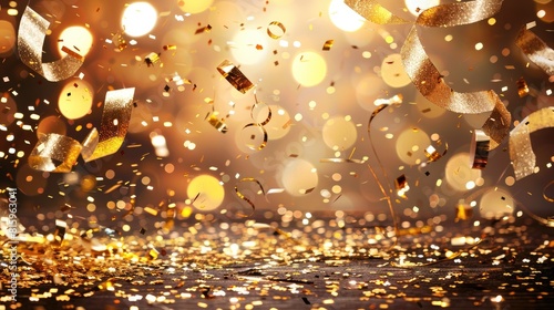 explosion of gold confetti against a backdrop of twinkling fairy lights, glamorous party setting