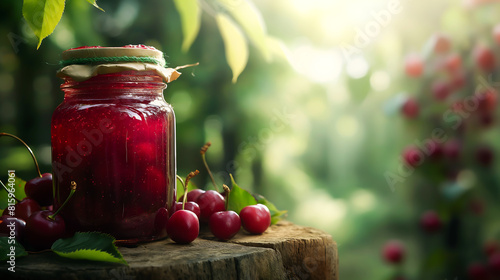 A jar of homemade cherry jam, Fresh cherry jam, Food and healthy eating concept 