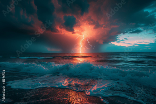 Dark clouds churn over a stormy sea at night, with crashing waves against the horizon.