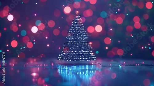 A glowing blue Christmas tree made of tiny lights stands in a snowy landscape. The background is a dark blue night sky filled with bright, twinkling stars.