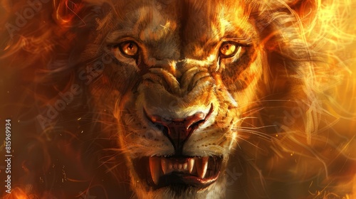 fierce lion portrait with intense eyes and bared teeth aigenerated digital painting