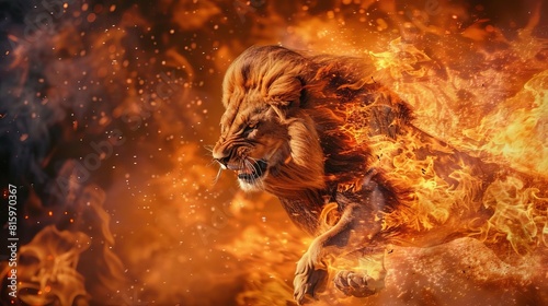 fiery lion emerging from ashes and embers blazing wildfire sovereignty climate change awareness fantasy poster