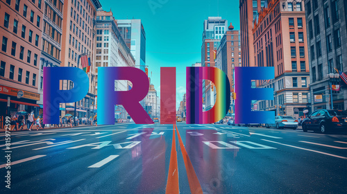 A rainbow graffiti of the word "PRIDE" is placed on a middle of a road in a city background. Inspirational quote background for the Pride month festival. Red color tone.