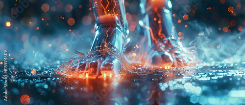 Highlight the ethereal synthesis of robotics and ballet with a dynamic close-up approach