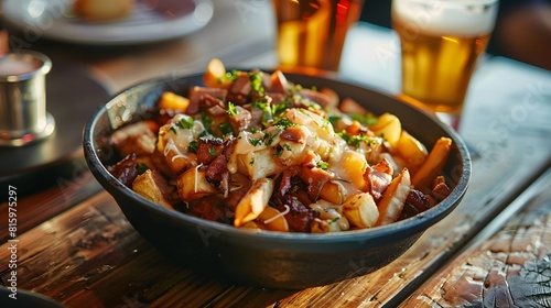 Bowl of loaded fries with meat and cheddar on top, sitting in an iron cast dish at the bar table, food photography
