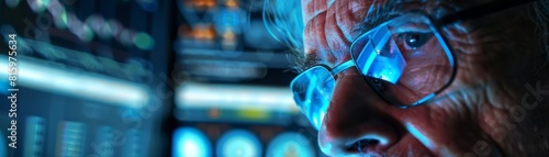 A malevolent hacker in glasses with a sinister expression on his face is sitting in front of multiple computer screens, illuminated by the blue light of the monitors.