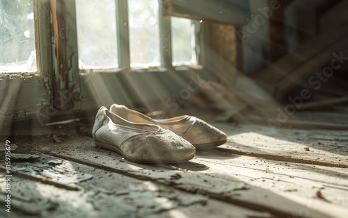 A pair of ballet slippers abandoned in a dusty attic.