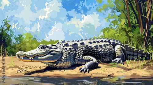 formidable crocodile basking on riverbank showcasing fierce predatory nature in detailed illustration