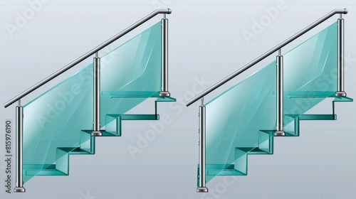 The set of glass handrails on a transparent background is isolated in modern form. Modern realistic illustration of plastic barrier for balcony, stair balustrade, home or office interior, plexiglass