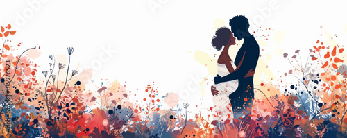 A married couple of a pregnant wife and husband. A black man embraces a woman in love beautiful vector illustration.