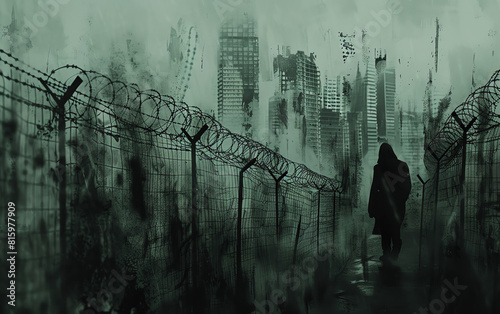 Zoom in on a maze of barbed wire fences enclosing a bleak financial district