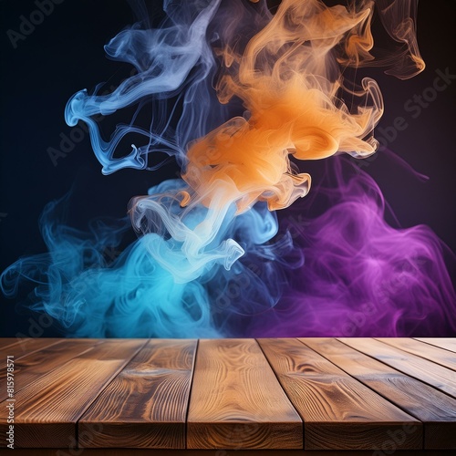 an empty wooden table with colorful smoke rising from it, against a dark backdrop. Pay attention to the intricate patterns and movements of the smoke, contrasting with the simplicity of the wooden sur