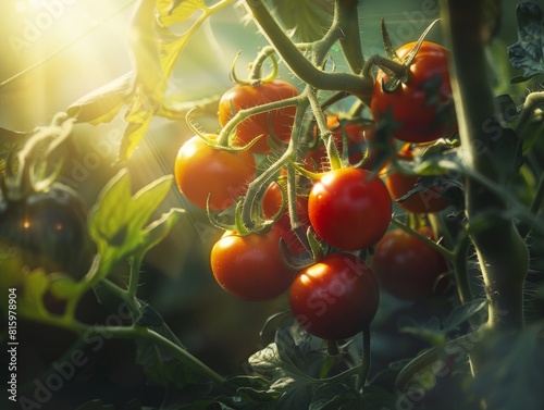 Close-up of a truss of ripe tomatoes growing in a greenhouse