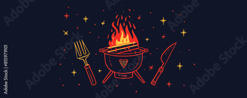 Grill food, barbecue logo or emblem. Brazier with fire and tools for grilling, symbol. Design for restaurant menu. vector simple illustration