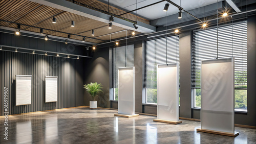 A conceptual interior design with an emphasis on exhibition space, featuring a gallery wall with mock-up banners and linear blinds against empty, dark gray walls.