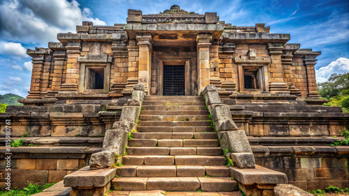 A country steeped in history, showcasing an ancient temple with worn stone steps and a partially open basement door.