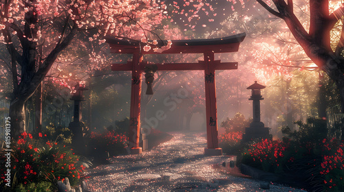Mystical Japanese Shinto Shrine in Ethereal Sakura Garden Clearing