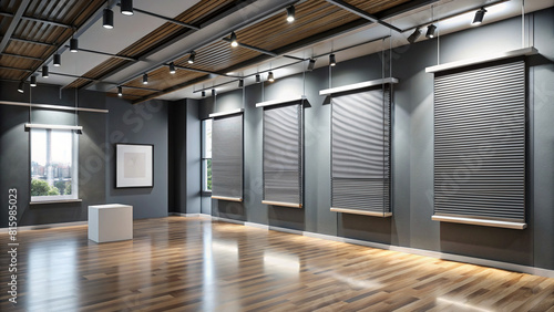 A contemporary gallery concept with a 3D rendering of empty, dark gray walls, linear blinds, and mock-up banners on a gallery wall, ideal for art exhibitions.