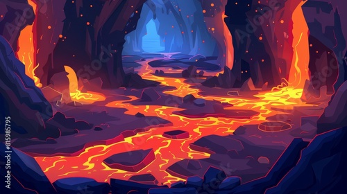 Background of lava cave game. Fantasy hell landscape illustration. Fire magma and rock inside dungeon hole drawing cartoon. Devil tunnel and molten land river flow. Scary underground inferno world.