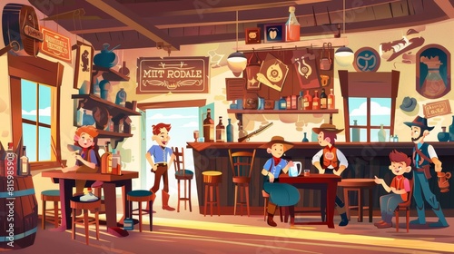 This modern cartoon illustration illustrates a western saloon interior with kids in costume. It has wooden tables and chairs, alcohol bottles on shelves, beer mugs, a poster on the wall, and daylight