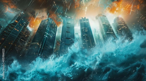 huge tsunami waves submerging modern city skyscrapers catastrophic natural disaster digital art