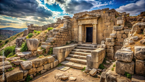 A desolate landscape surrounds an archaeological site, its temple entrance guarded by crumbling stone steps and an open basement door