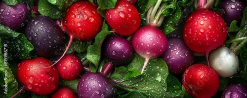 Multicolored radishes with green leaves.