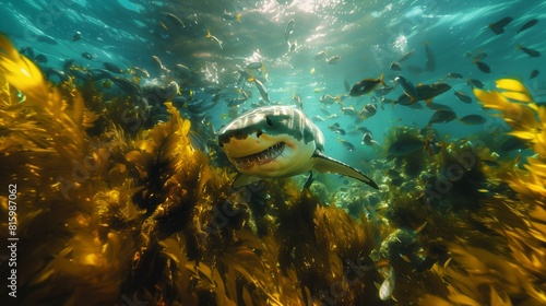Powerful underwater scene of a great white shark in a kelp forest