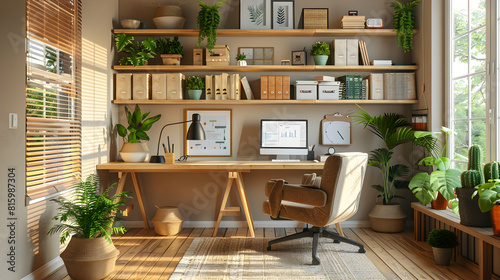 Cozy Wooden Home Office with Lush Greenery and Inviting Workspace