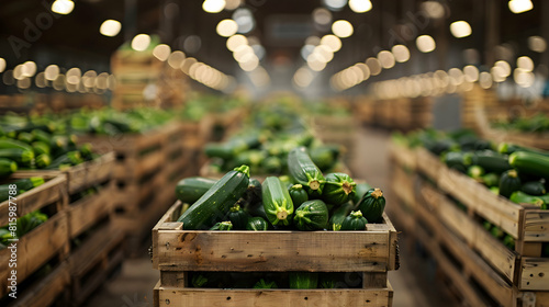 Zucchini harvested in wooden boxes in a warehouse. Natural organic fruit abundance. Healthy and natural food storing and shipping concept.