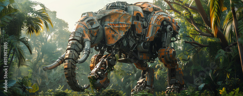 Capture a hyper-realistic robotic elephant in a lush, dreamlike jungle setting, shot from a worms eye view to emphasize its towering presence and intricate machinery