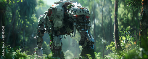 Capture a hyper-realistic robotic elephant in a lush, dreamlike jungle setting, shot from a worms eye view to emphasize its towering presence and intricate machinery