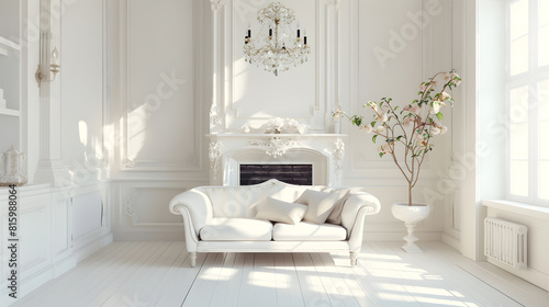 beautiful classical white interior with a fireplace a sofa and a vintage chandelier Retro classics : Generative AI