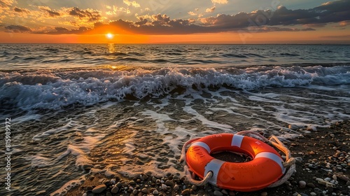 lifebuoy on the shore at sunset dramatic landscape photo
