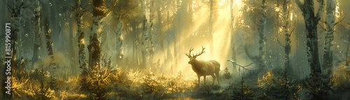 Craft a mystical composition of a centaur wandering through a misty forest at dawn