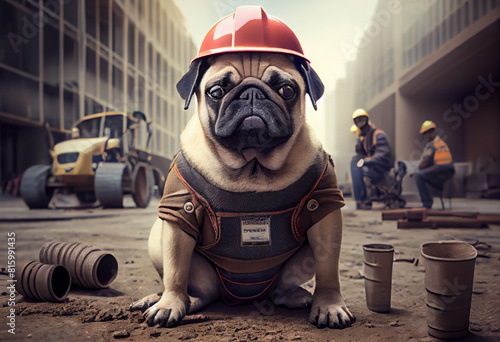 Dog, pug - foreman at a construction site in a protective helmet. Pugs builders. AI generated.