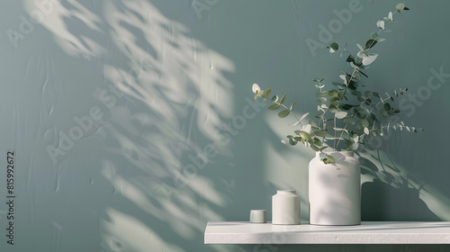 Creative minimalist living room interior composition with grey home decorations and modern personal accessories Eucalyptus green wall Template Copy space Real photo : Generative AI